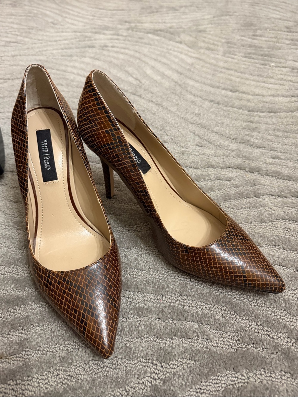White House | Black Market Brown Snakeskin-Effect Pointed Toe Pumps
